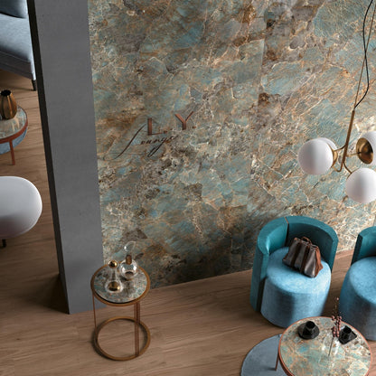 A sleek teal velvet armchair with a modern design and rounded backrest cosmopolitan amazzonite lappato 80 x 80cm