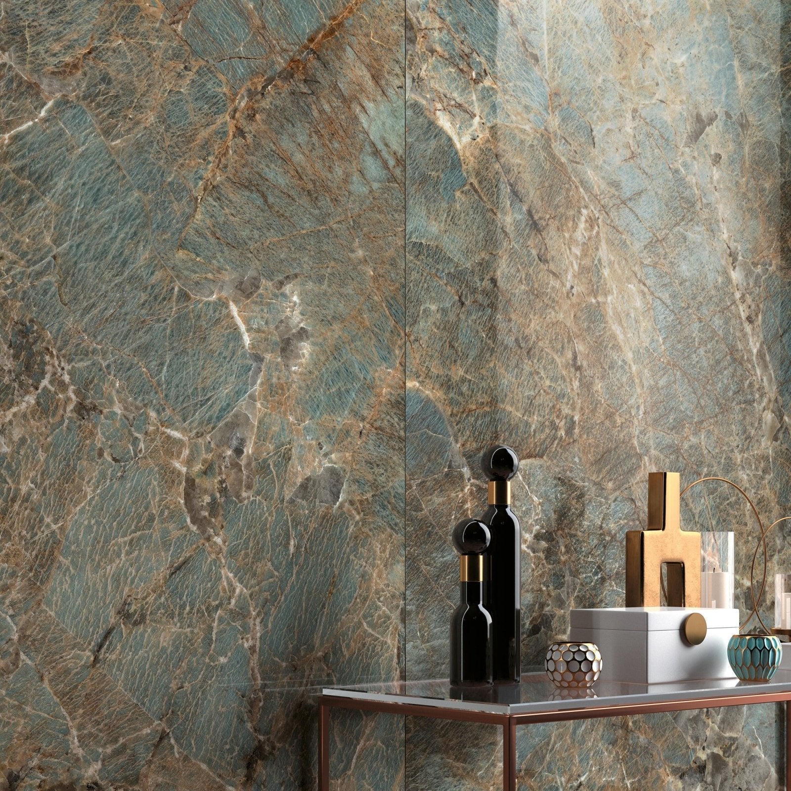 Cosmopolitan amazzonite lappato blue green marble wall tiles with golden veining 80 x 80cm