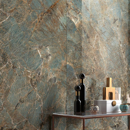 Cosmopolitan amazzonite lappato blue green marble wall tiles with golden veining 80 x 80cm