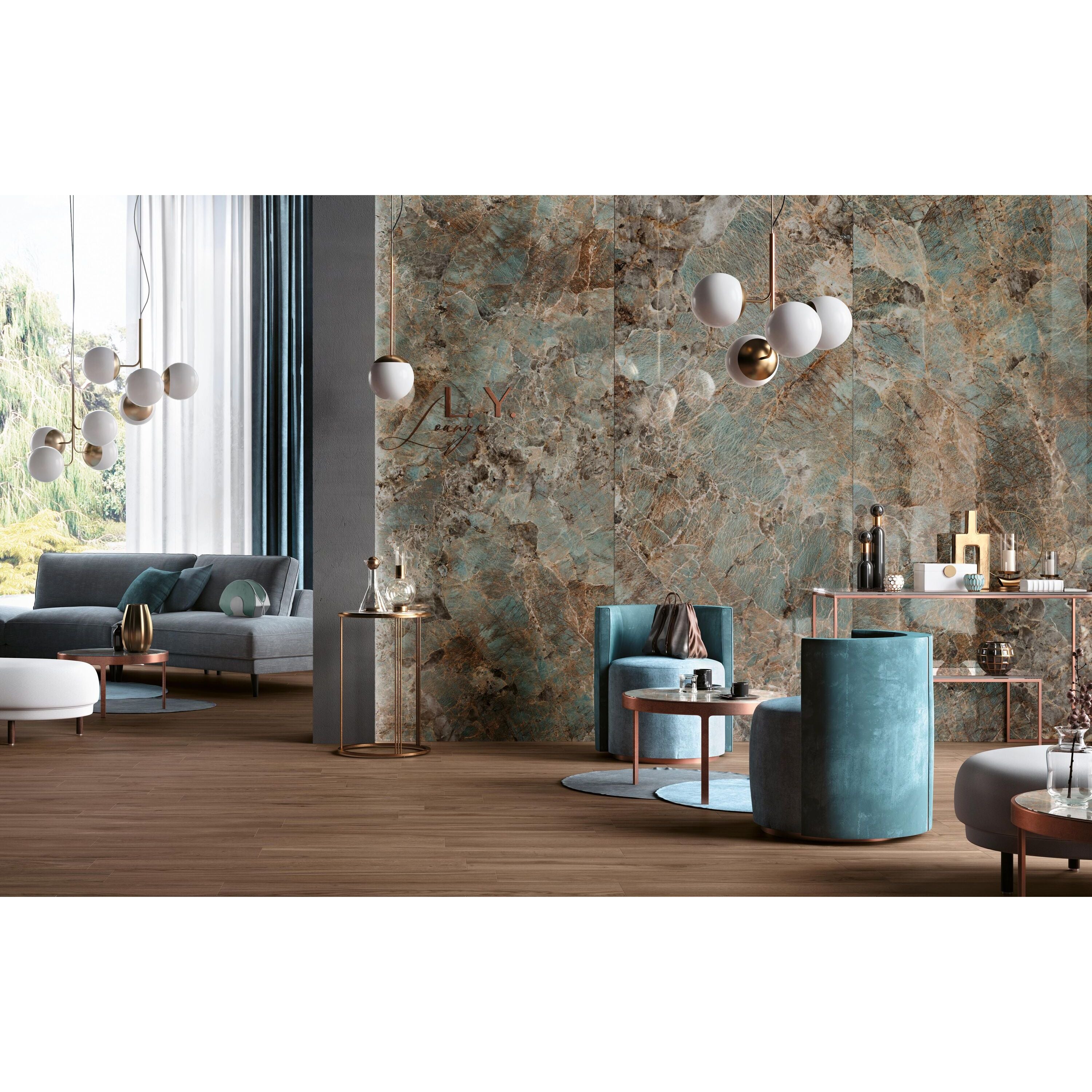 The wall decorated with cosmopolitan amazzonite lappato 80 x 80cm tiles featuring teal and brown marble patterns