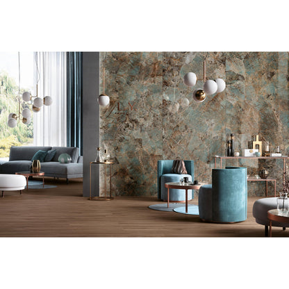 The wall decorated with cosmopolitan amazzonite lappato 80 x 80cm tiles featuring teal and brown marble patterns