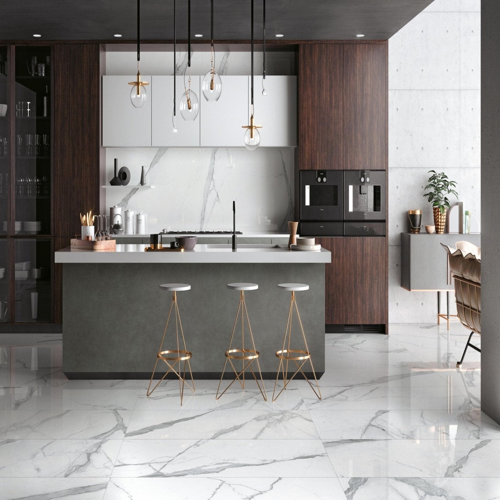 Cosmopolitan Statuario Extra Lappato 80 x 80cm white marble-effect tiles with a kitchen island and gold bar stools