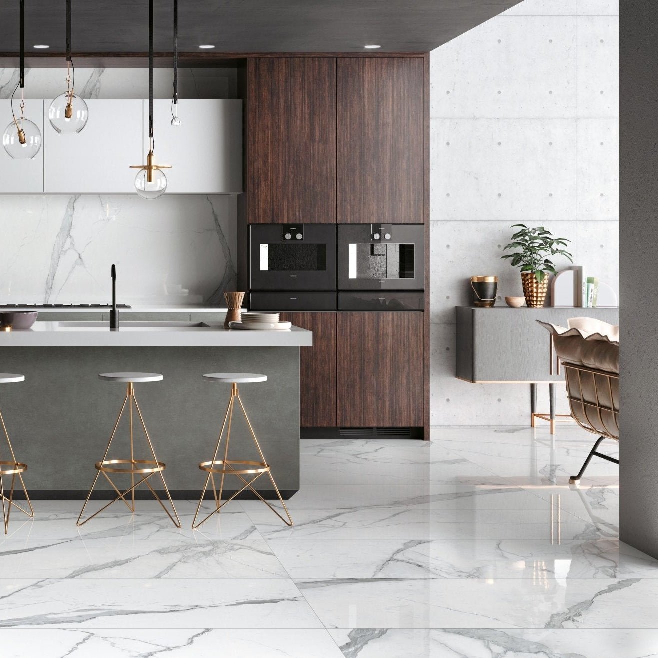 Cosmopolitan Statuario Extra Matt 80 x 80cm white marble-effect tiles in a kitchen with dark wood cabinetry