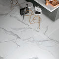 White marble-effect floor tiles with elegant gray veining cosmopolitan statuario extra matt 80 x 80cm