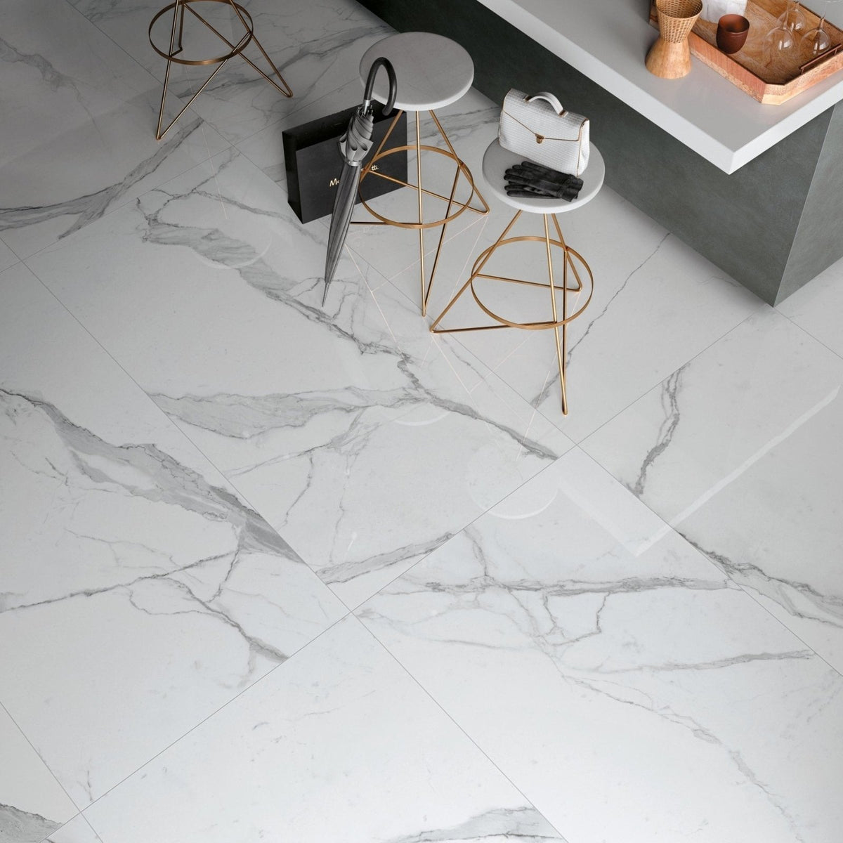 White marble-effect floor tiles with elegant gray veining cosmopolitan statuario extra matt 80 x 80cm