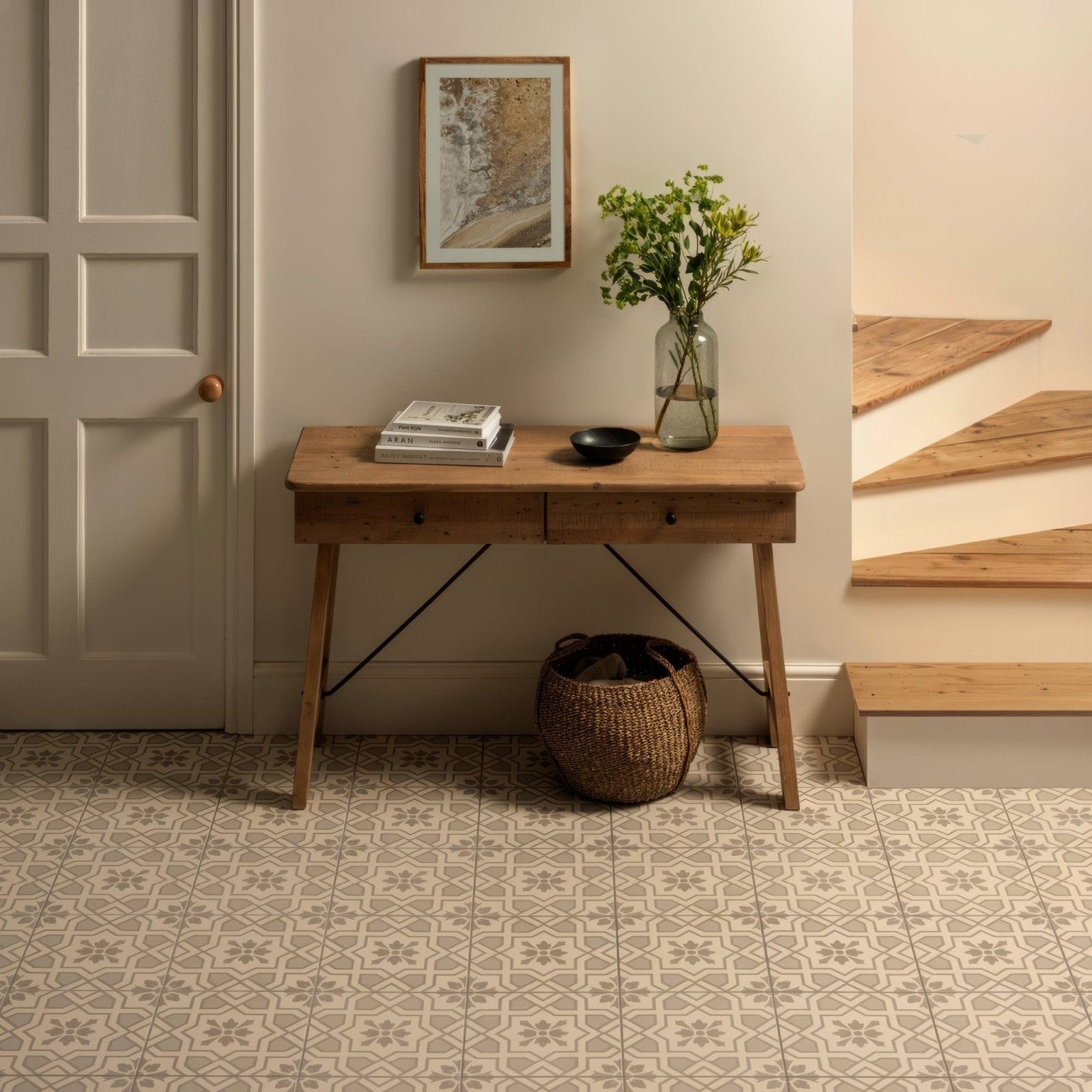 Beige and gray patterned ceramic floor tiles with vintage floral design in cotehele grey on chalk finish
