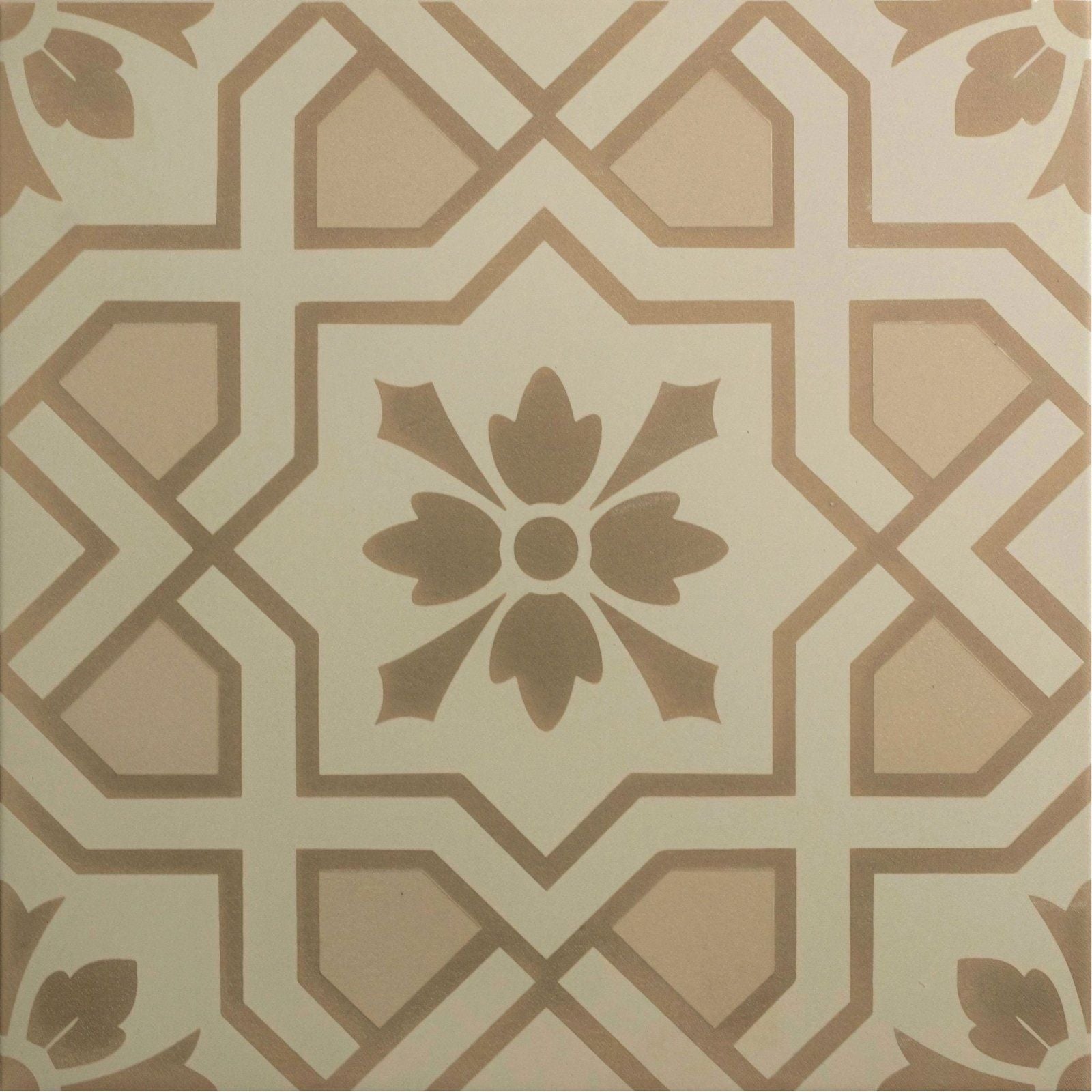 Beige and taupe geometric tile with a central floral motif from cotehele taupe on chalk collection