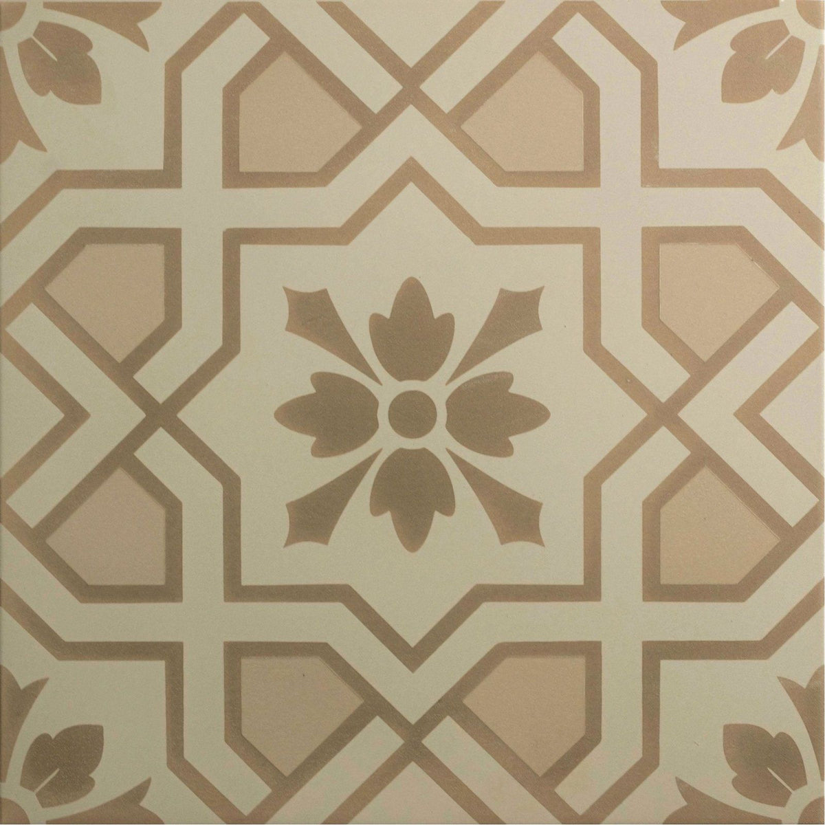 Beige and taupe geometric tile with a central floral motif from cotehele taupe on chalk collection