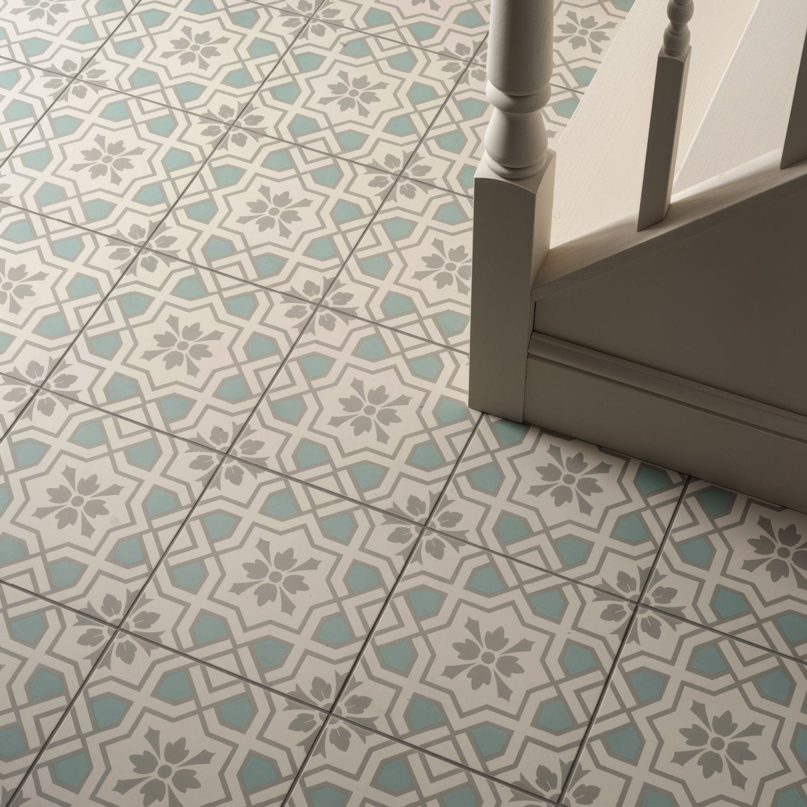 Cotehele teal on chalk floor tiles with turquoise and gray geometric patterns and floral motifs