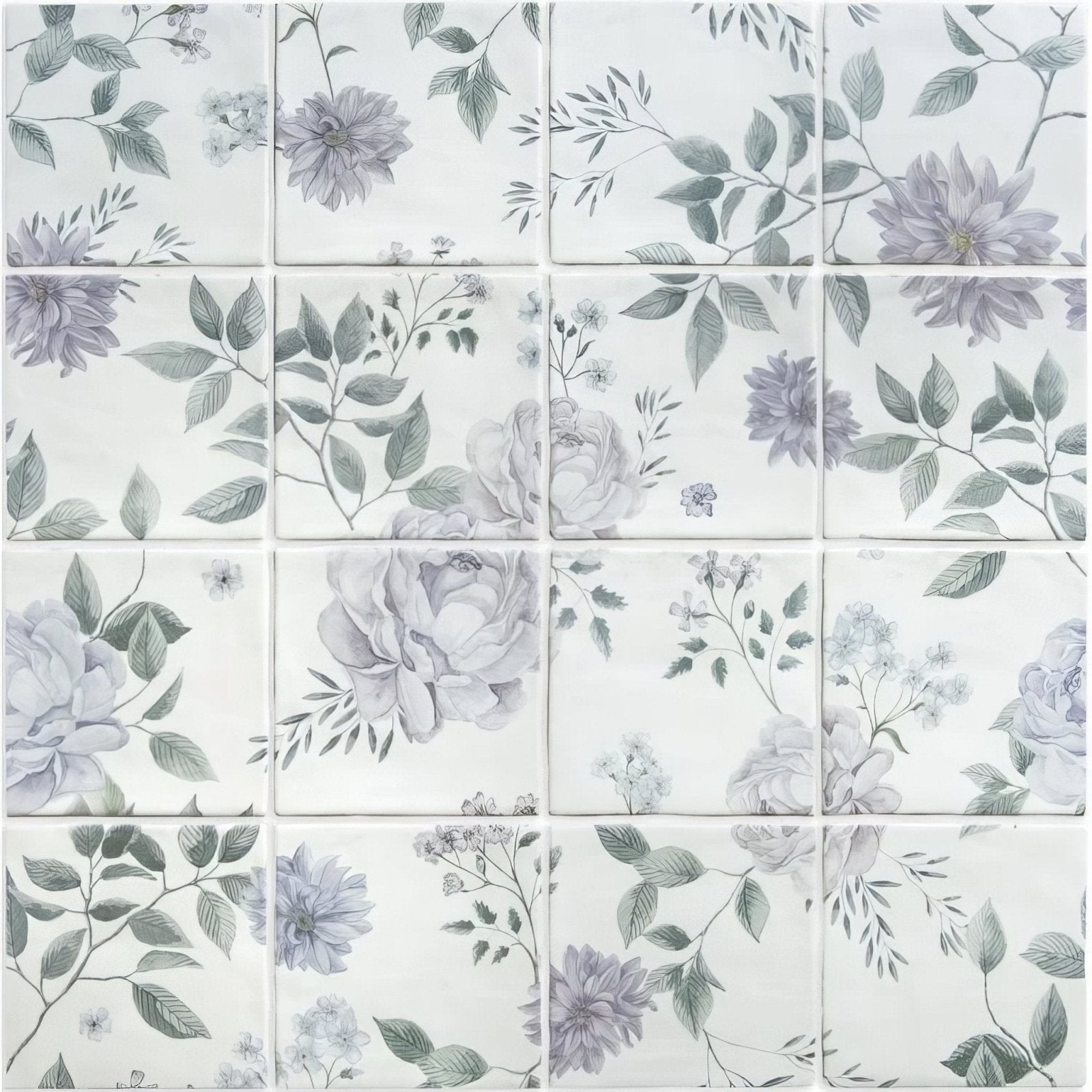 Cottage garden 16 tile panel of white ceramic tiles with delicate floral pattern in soft lavender and muted green hues