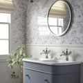 Gray vanity with white ceramic sink and silver cross-handle faucets in cottage garden blue 18 tile panel product