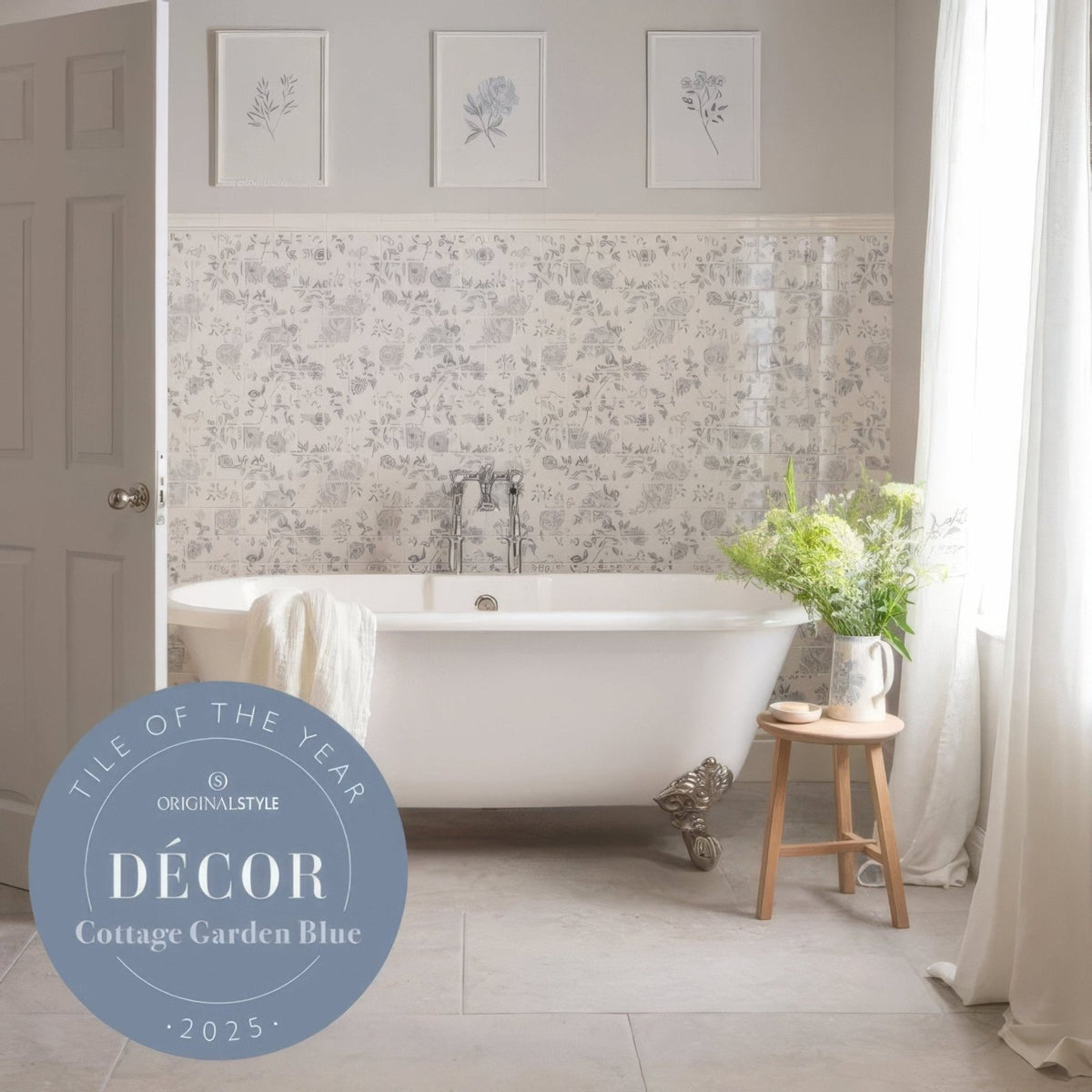 Cottage garden blue 18 tile panel with delicate blue floral pattern on light ceramic bathroom wall tile
