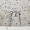 Chrome-finished vintage-style bathroom faucet with ornate handles and central spout for Cottage Garden Blue 18 tile panel