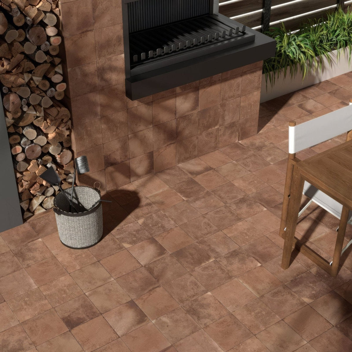 Cotto cuero terracotta effect tiles in terracotta color with a textured rustic finish for outdoor patio use