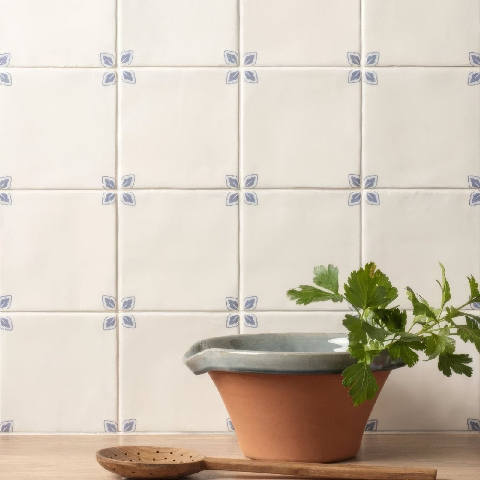 Earthenware bowl country delft dorothea with gray glazed rim terracotta body holding fresh green parsley