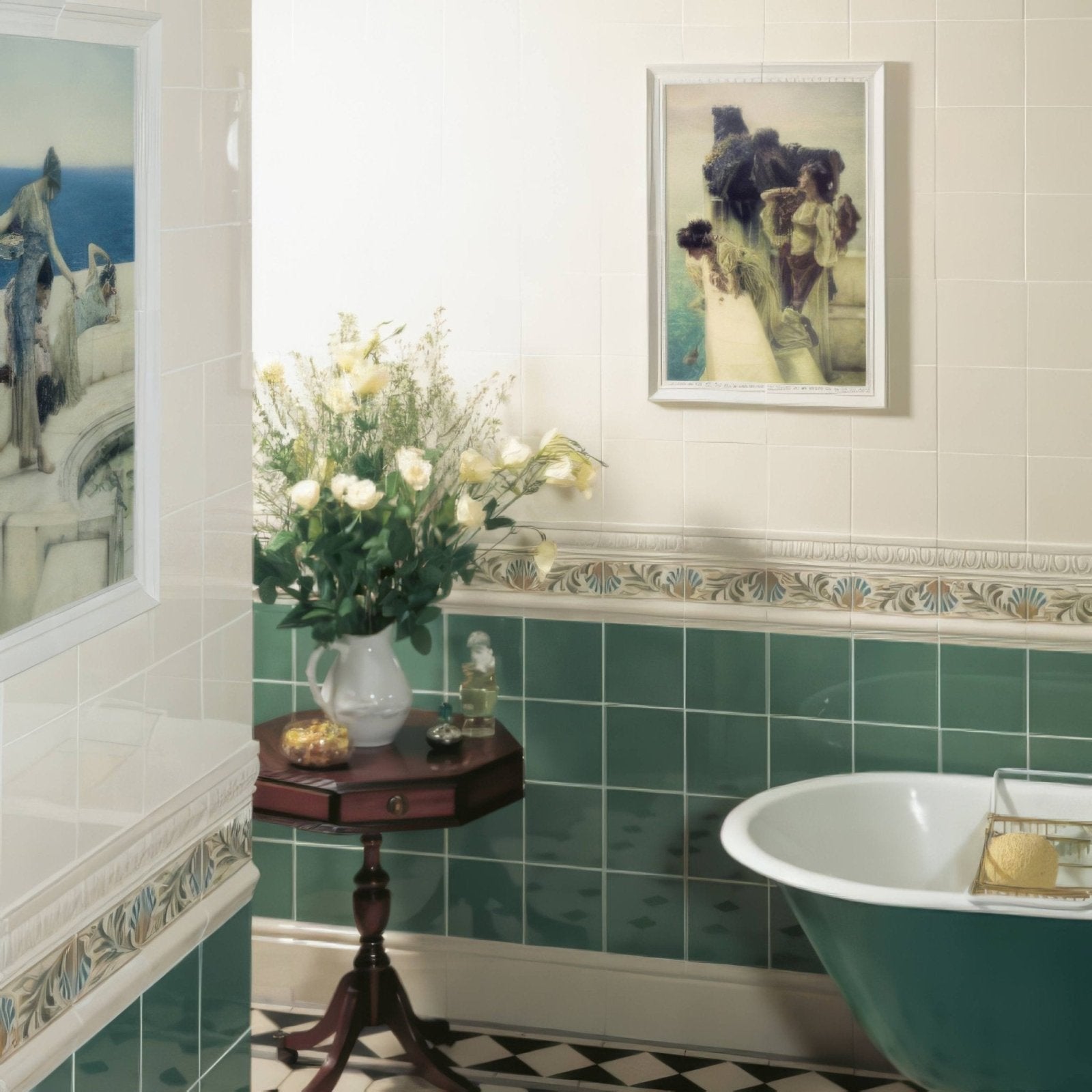 A vintage-style freestanding teal bathtub with a white interior and county white egg and dart moulding detail