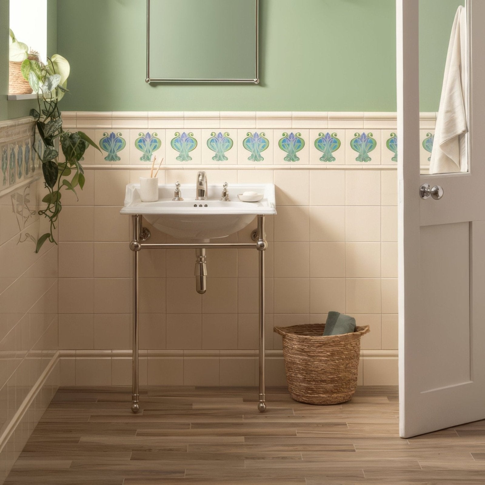 White ceramic sink with polished brass faucet and stand against light green walls with county white field decorative tiles