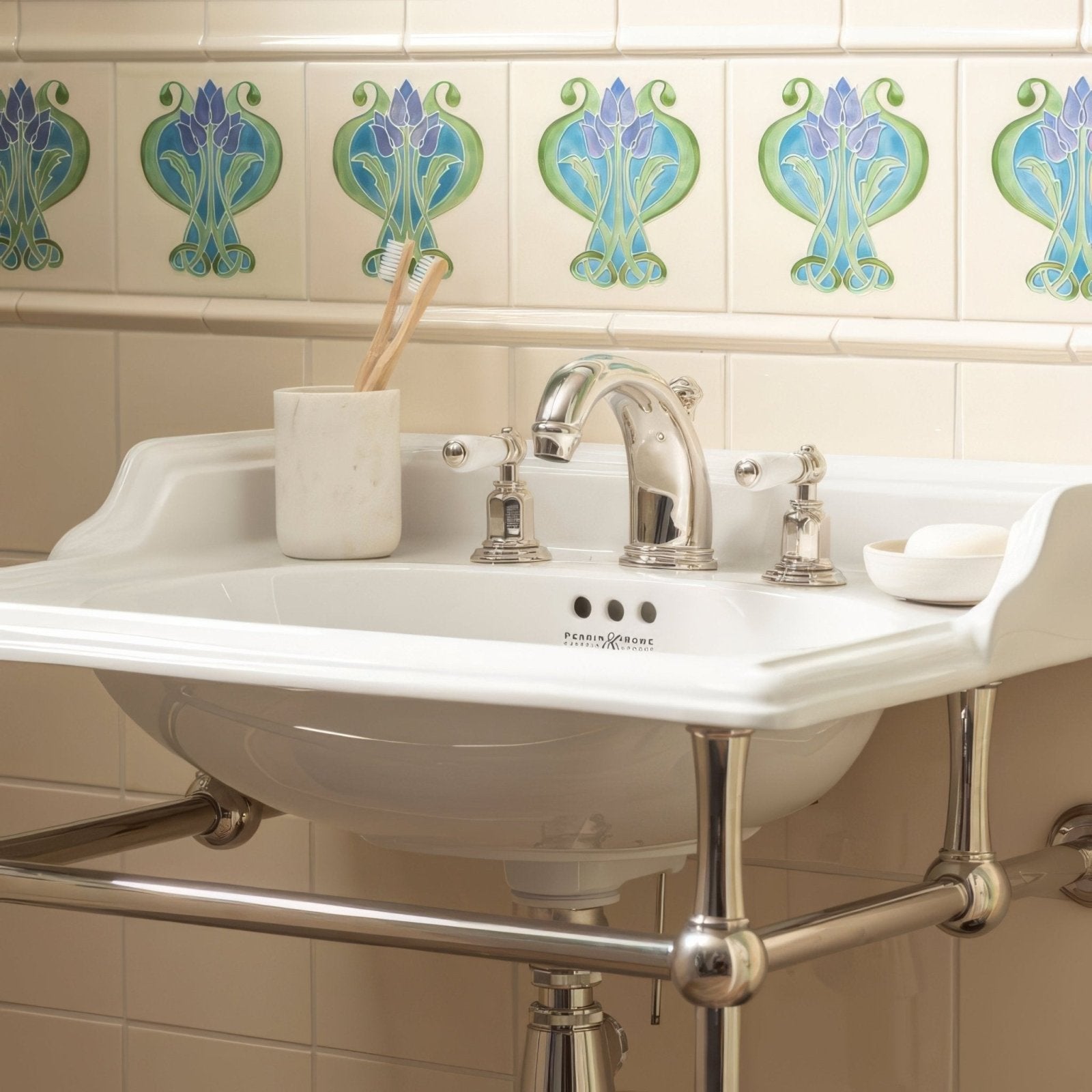 White ceramic pedestal sink with chrome faucet and handles shown with county white field tile background