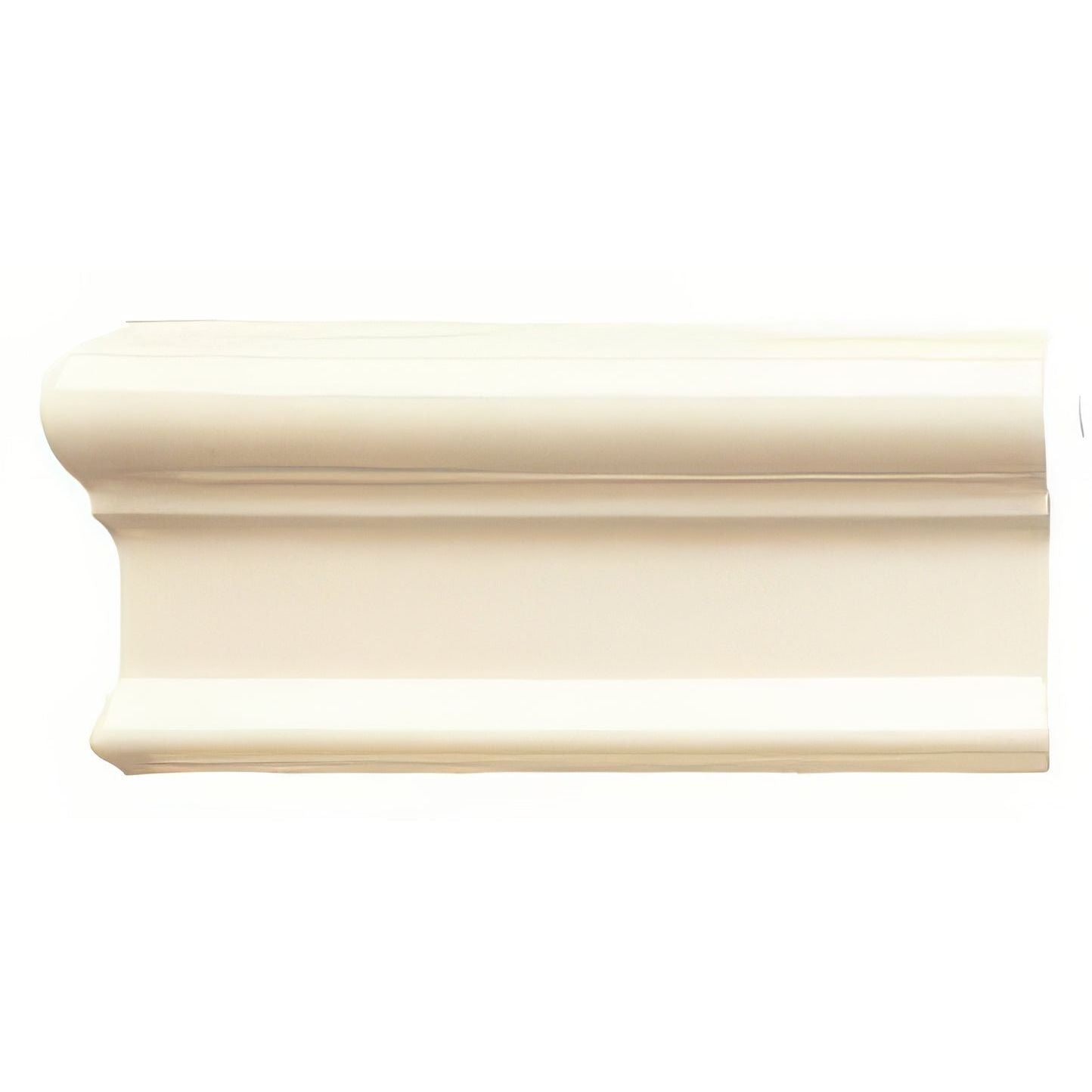 Cream-colored smooth surfaced crown molding with classic profile county white victoria left hand corner piece