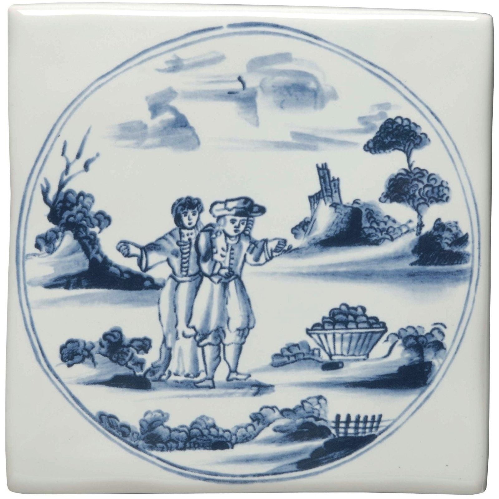 White ceramic tile with blue and white painted scene of a couple in period attire in a pastoral landscape