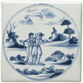White ceramic tile with blue and white painted scene of a couple in period attire in a pastoral landscape