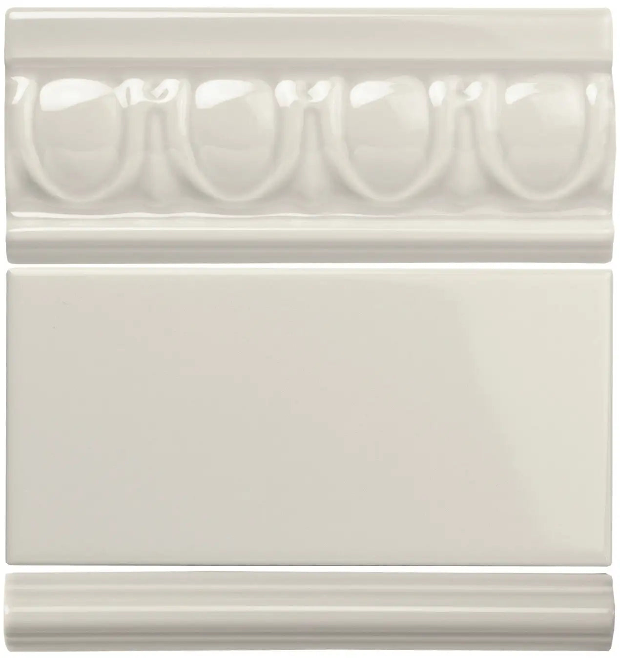 Cream-colored ceramic tile set featuring an ornate, raised bead pattern on the top piece and a smooth rectangular surface.