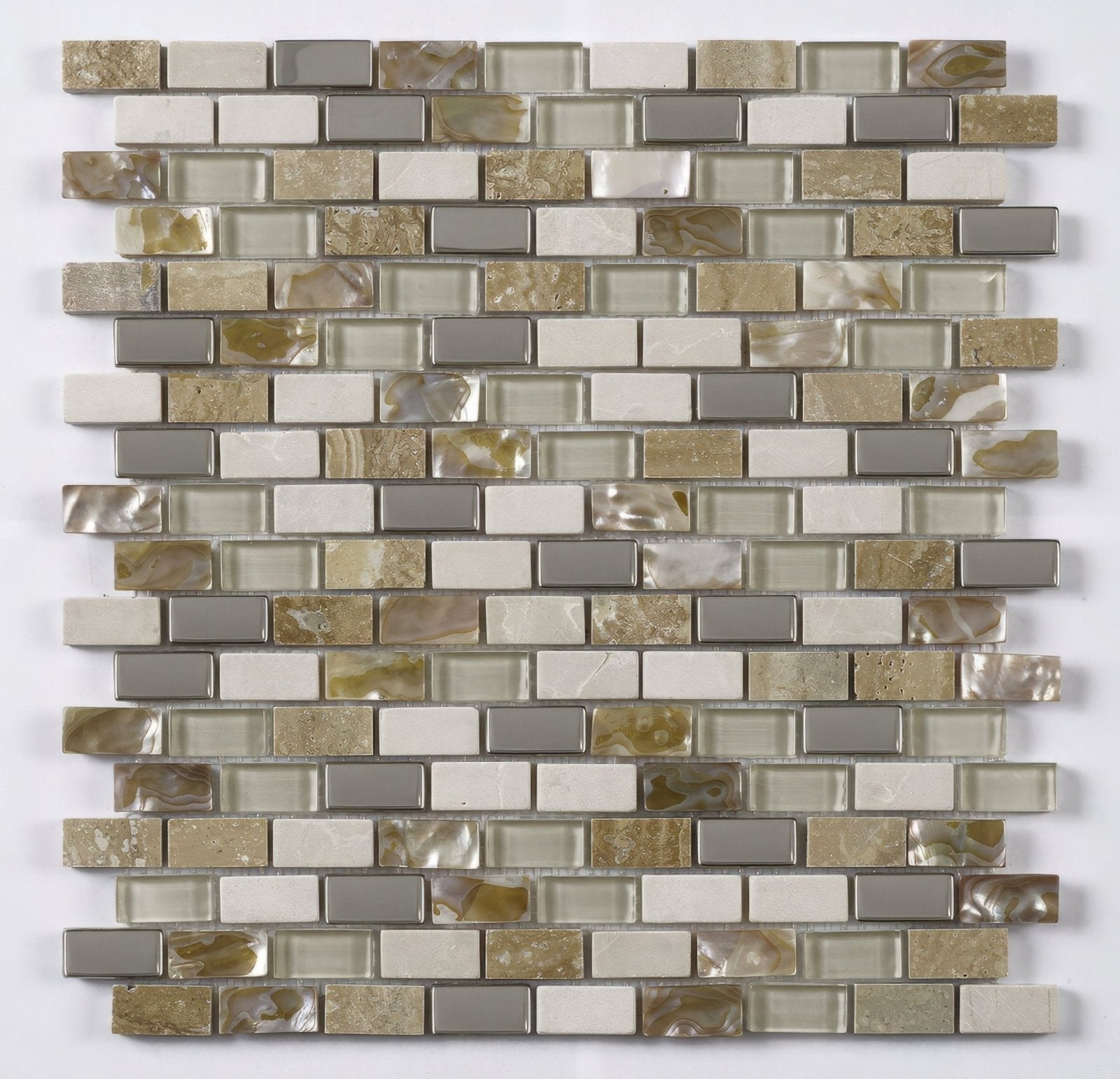 Cream Glass, Stone, Metal & Pearl Mix Mini Brick Mosaic