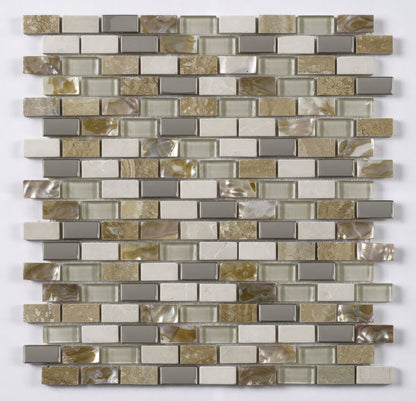 Cream Glass, Stone, Metal & Pearl Mix Mini Brick Mosaic