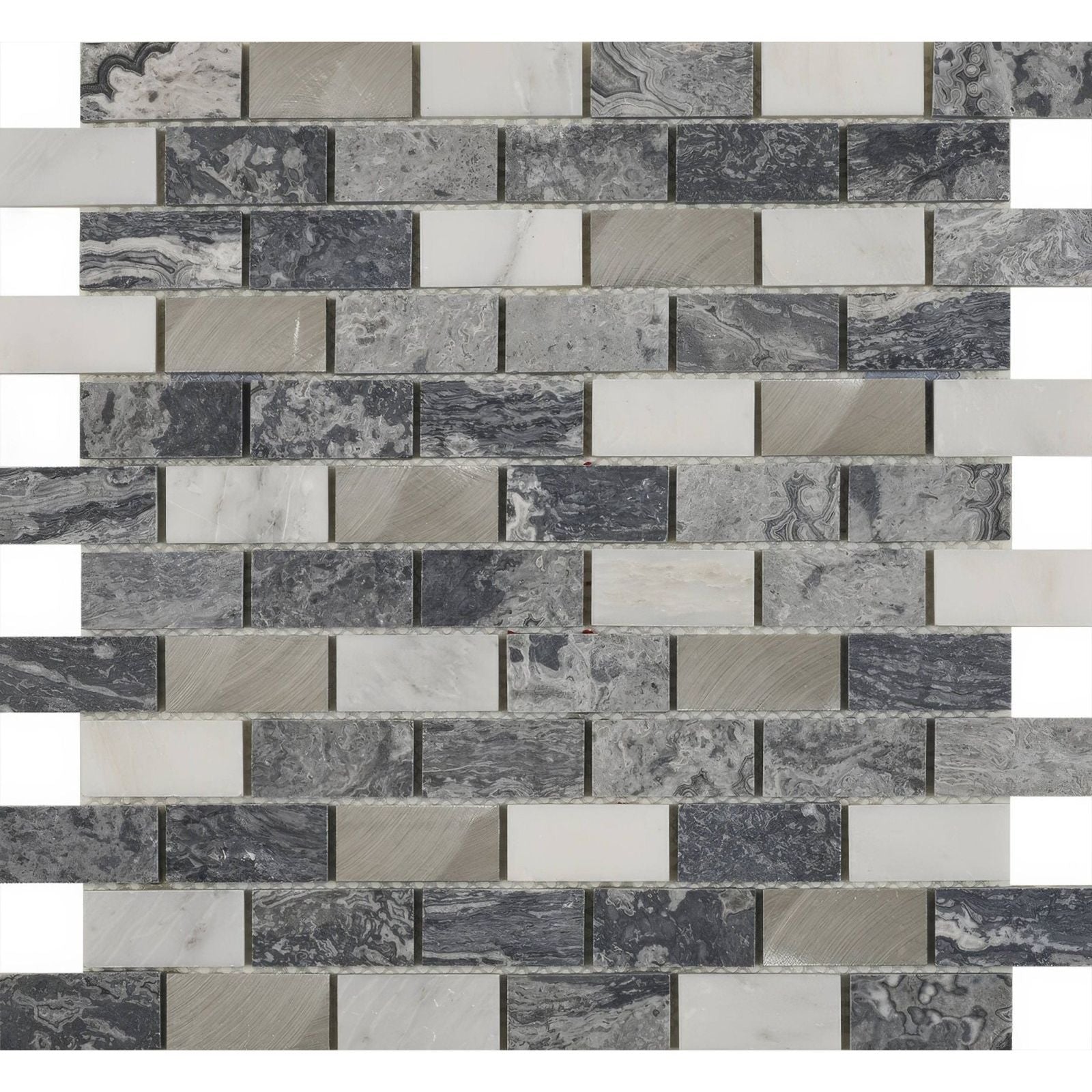 Creswell grey stone and metal mix brick mosaic tile featuring gray and white marble in alternating horizontal rows