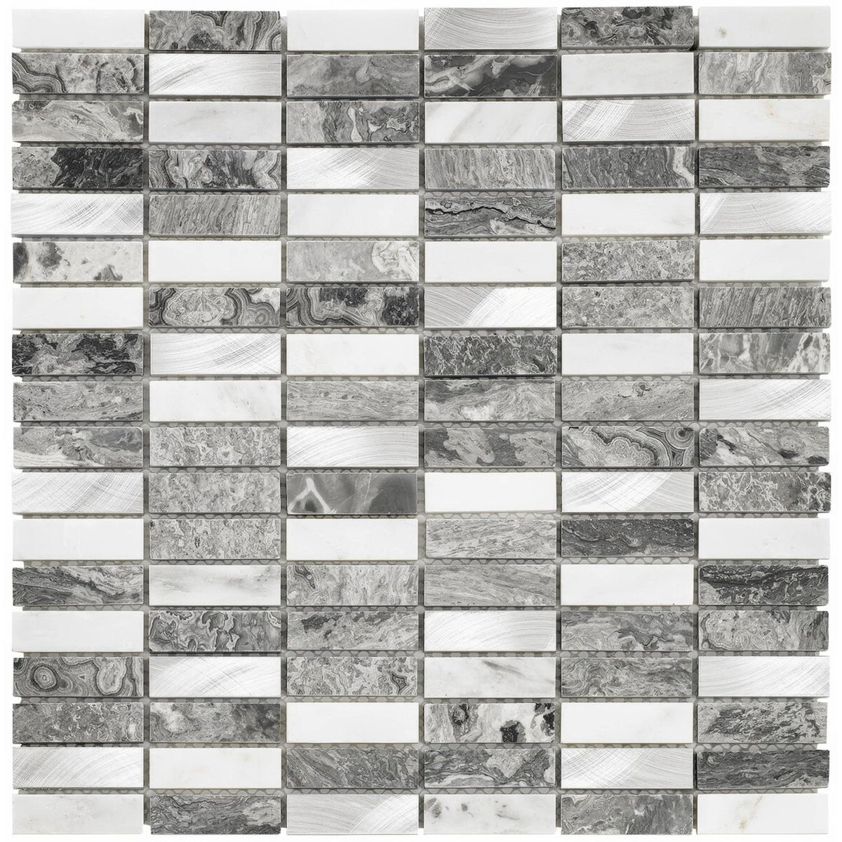 Creswell grey stone and metal mix linear mosaic tile in gray and white with a natural stone pattern rectangular design