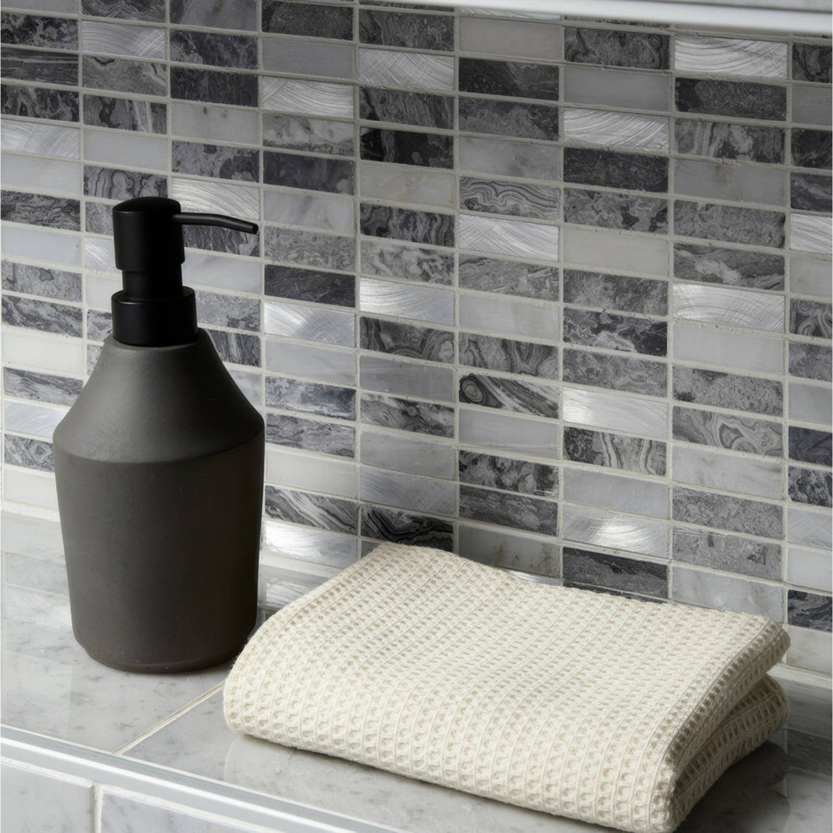 Creswell Grey Stone & Metal Mix Linear Mosaic – detail view 2