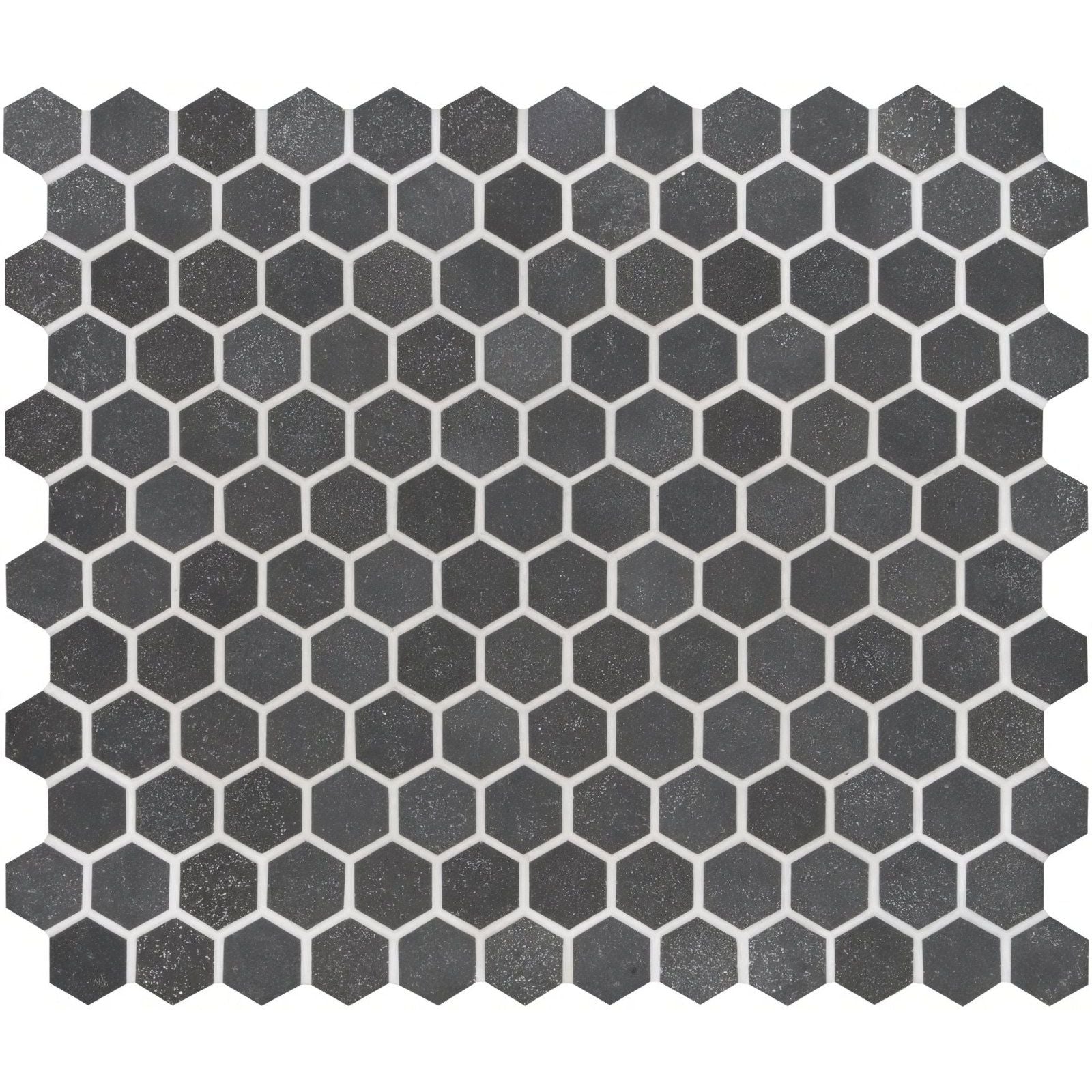 Dark gray crypto small hexagon honed marble mosaic tile with subtle texture and white grout lines