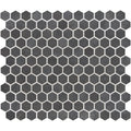 Dark gray crypto small hexagon honed marble mosaic tile with subtle texture and white grout lines