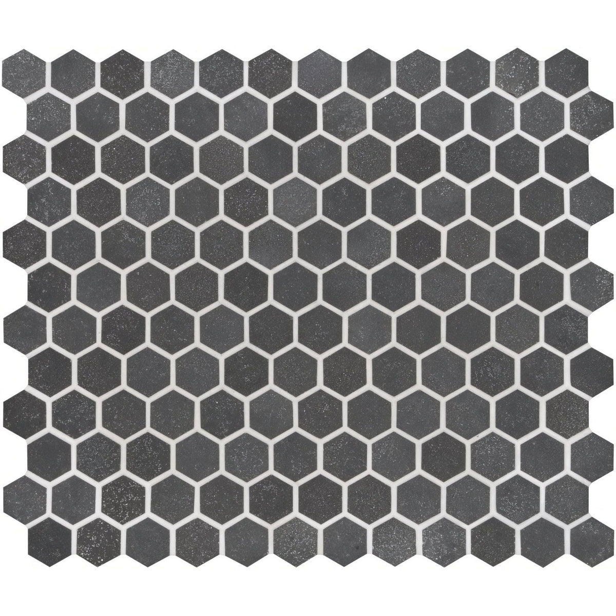 Dark gray crypto small hexagon honed marble mosaic tile with subtle texture and white grout lines