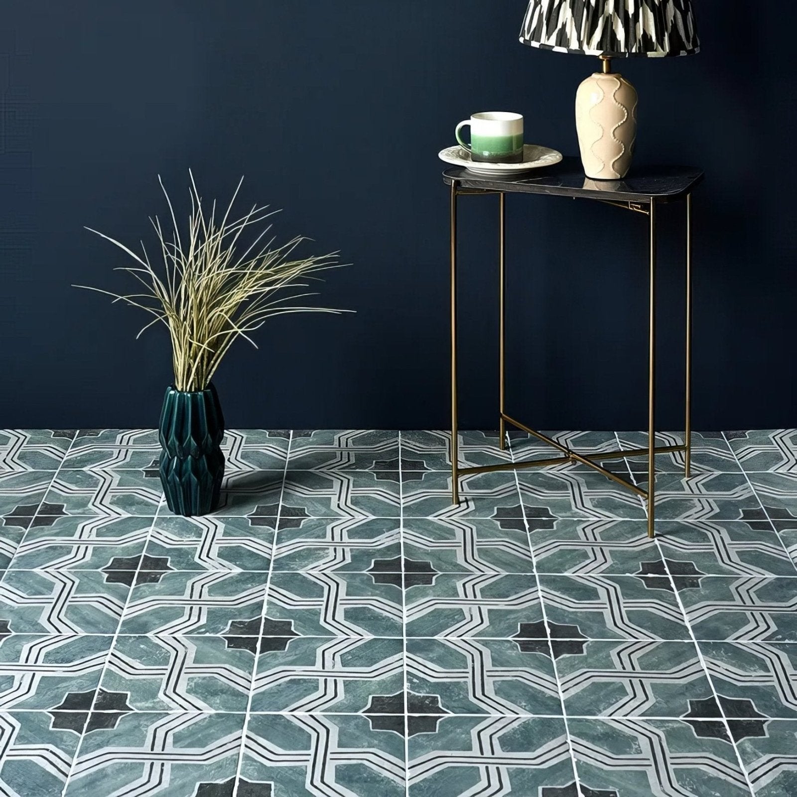 Dark teal geometric patterned cuba porcelain iberia floor tiles with white and black accent lines