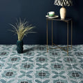 Dark teal geometric patterned cuba porcelain iberia floor tiles with white and black accent lines
