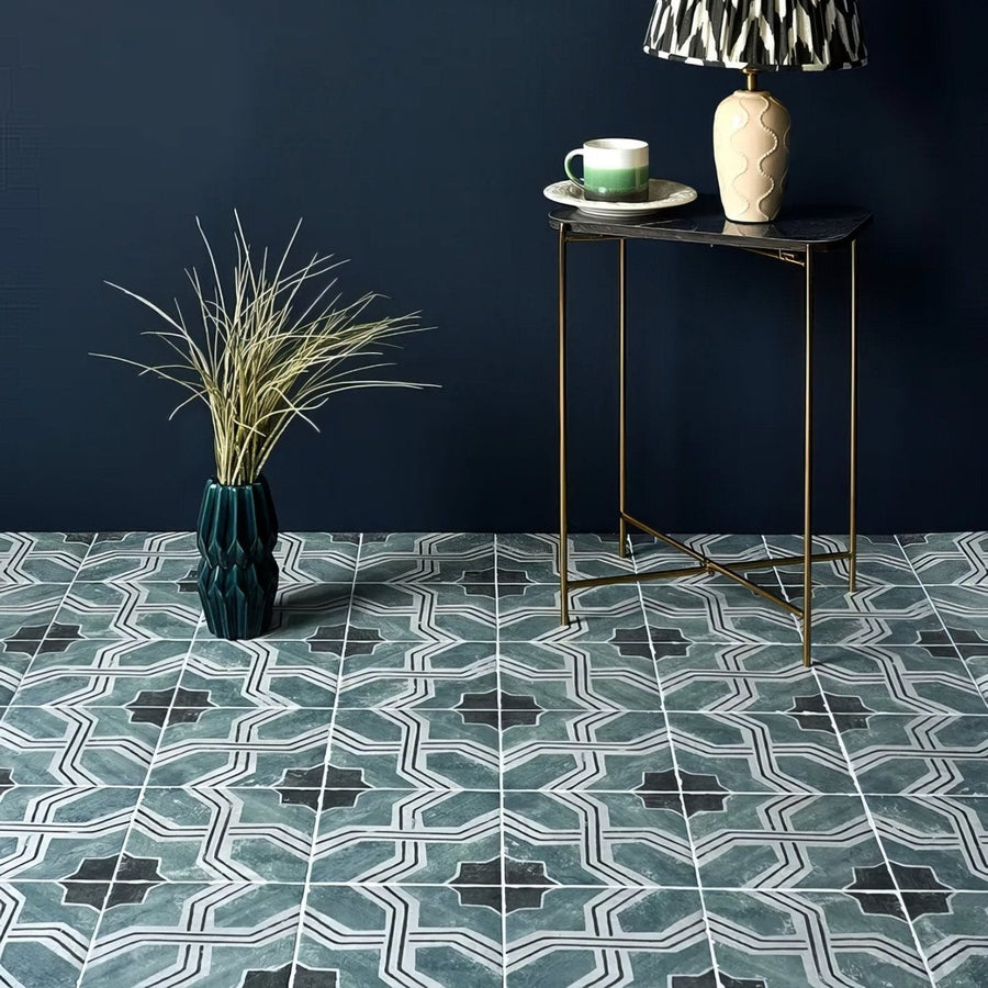 Dark teal geometric patterned cuba porcelain iberia floor tiles with white and black accent lines