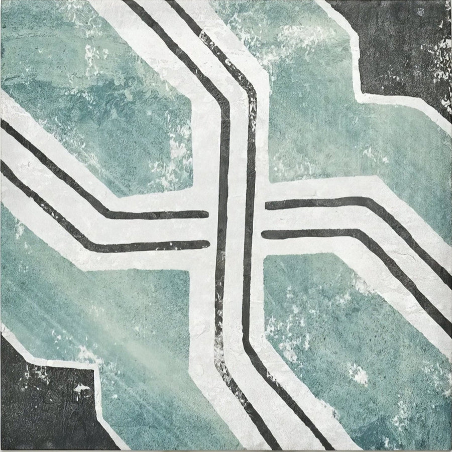 Cuba porcelain Iberia plate with abstract geometric black and white lines on a textured teal background