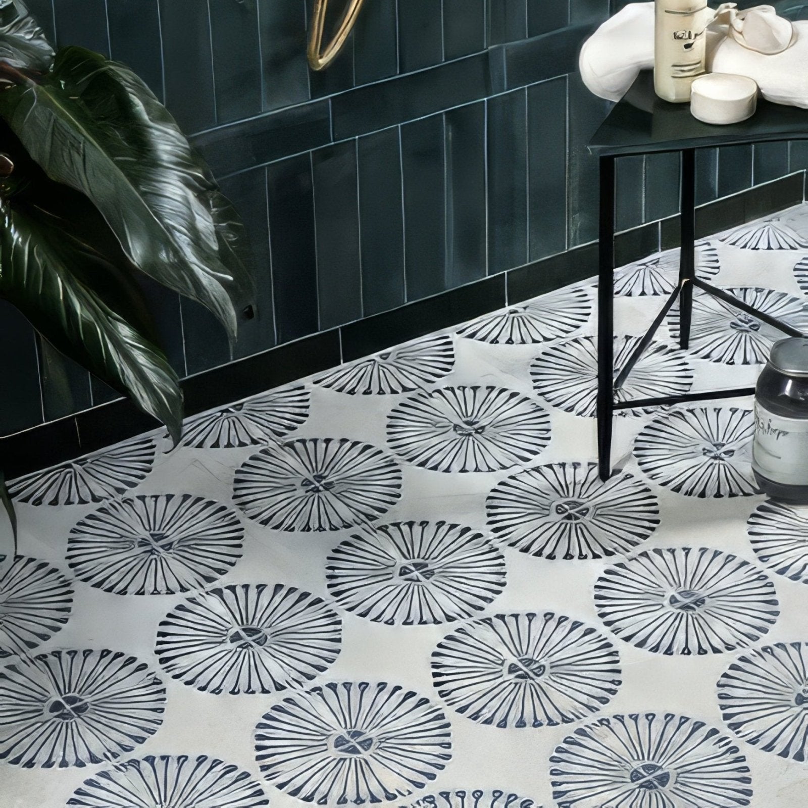 Cuba porcelain infantas blue white floor tiles with repeating black circular sunburst floral pattern design
