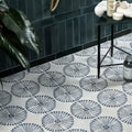 Cuba porcelain infantas blue white floor tiles with repeating black circular sunburst floral pattern design