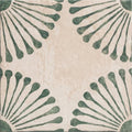 Beige ceramic cuba porcelain infantas green tile with textured surface and dark green radiating leaf patterns at each corner