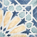 Cuba porcelain marla decorative tile with navy blue stars teal hexagons and gold diamond shapes on textured white background