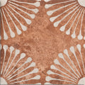 Copper-toned cuba porcelain vedado cotto ceramic tile with textured rustic surface and white shell-like patterns