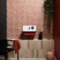 White and red porcelain wall-mounted Cuba vedado cotto sink with black knobs for bathroom use