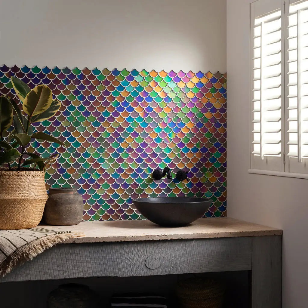 Original Style Aqua Scale Frosted Glass Mosaic Tiles stocked by Hyperion Tiles
