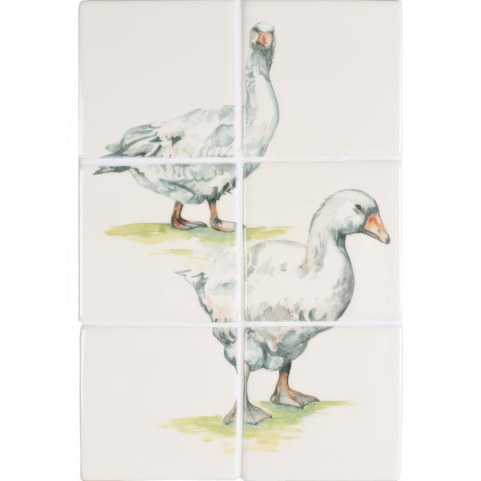 White ceramic wall tile set featuring watercolor illustrations of two geese in soft gray and orange tones cuthbert & gertrude