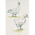 White ceramic wall tile set featuring watercolor illustrations of two geese in soft gray and orange tones cuthbert & gertrude