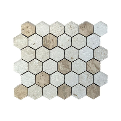 Limestone - Valencia Brushed Travertine Hexagon Mosaic Wall & Floor Tile - thumbnail 2