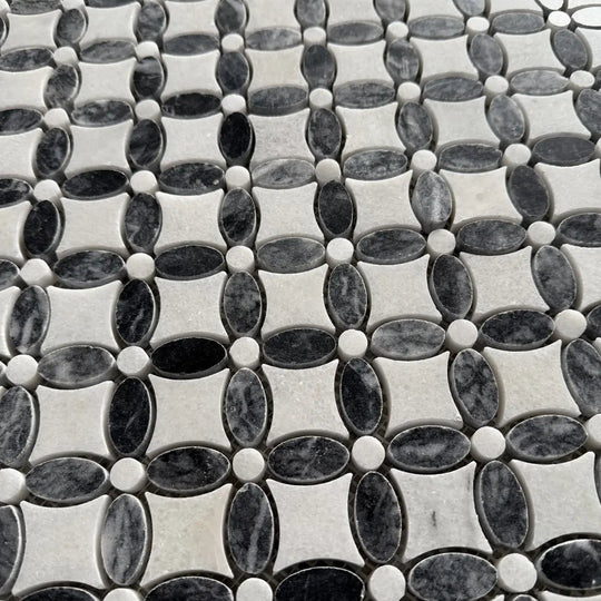Carrara White - Platinum Black Polished Marble Flower Mosaic Wall & Floor Tile - alternate view