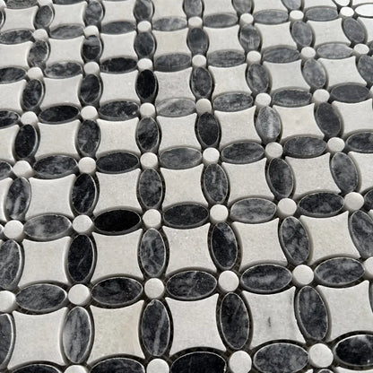 Carrara White - Platinum Black Polished Marble Flower Mosaic Wall & Floor Tile - thumbnail 2